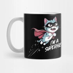 A vibrant and humorous anime-style painting of a flying cat superhero Mug